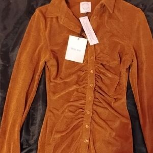 With Jean Terracotta Ruched Button Down Shirt